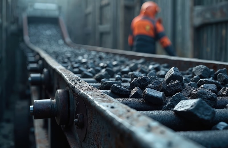 Opencast mine belt conveyor transports coal stones. Industry worker in orange, red uniform controls mining process. Transporting raw materials. Production process, heavy industry material handling.